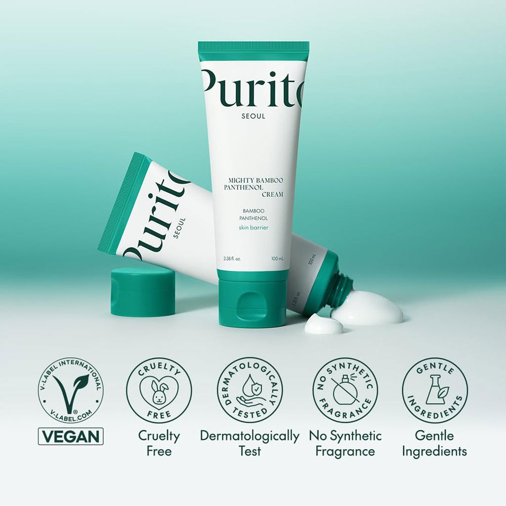Purito skincare product with certification icons on a light green background