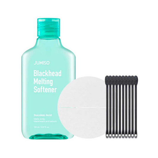 Jumiso Blackhead Melting Softener set with bottle, cotton pad, and blackheads on a white background