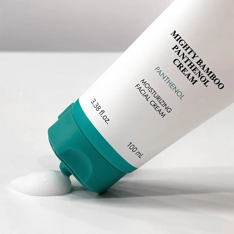 Mighty Bamboo Panthenol Cream tube with a small amount of cream on a white background