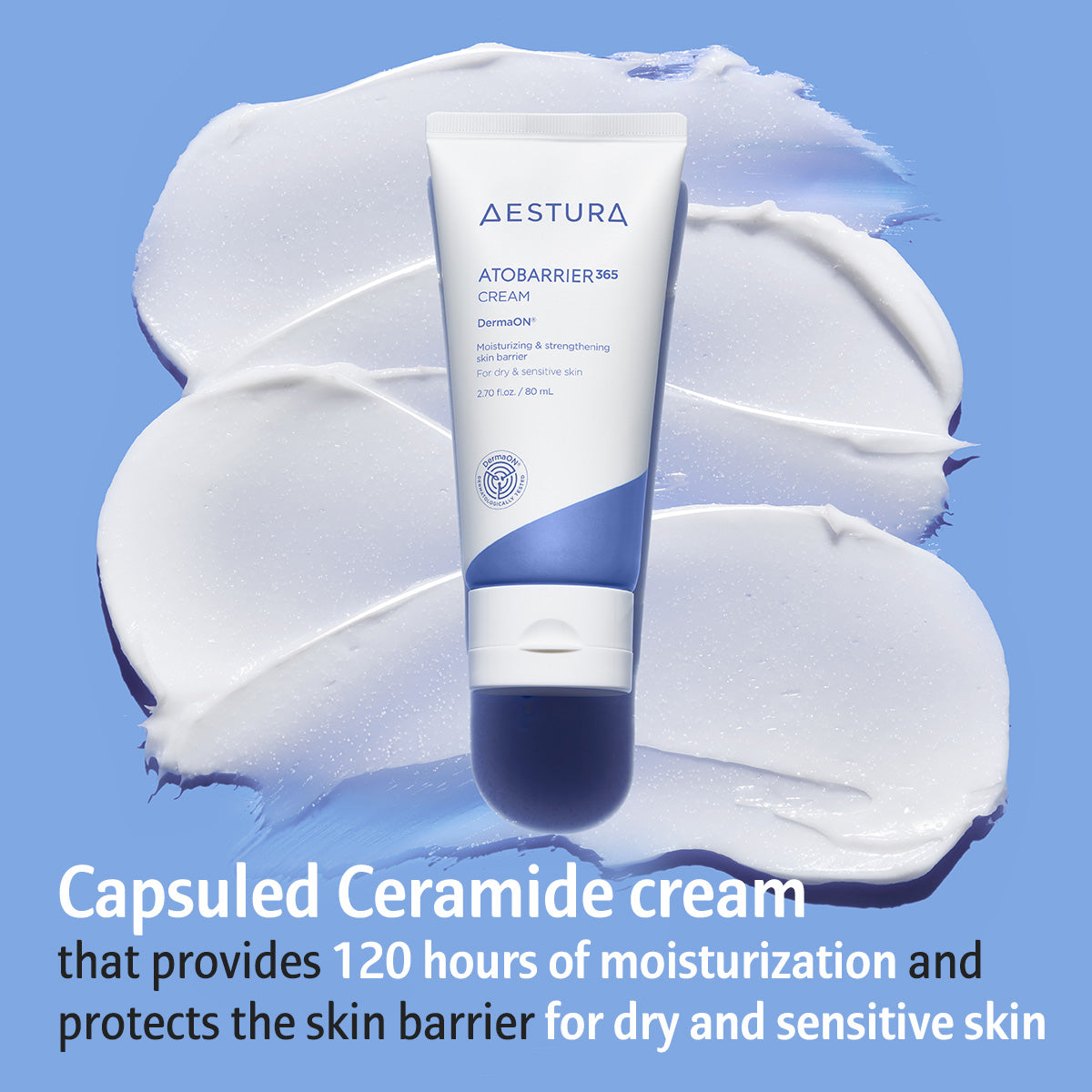 Aestura Atobarrier cream tube on a blue background with cream swatches.
