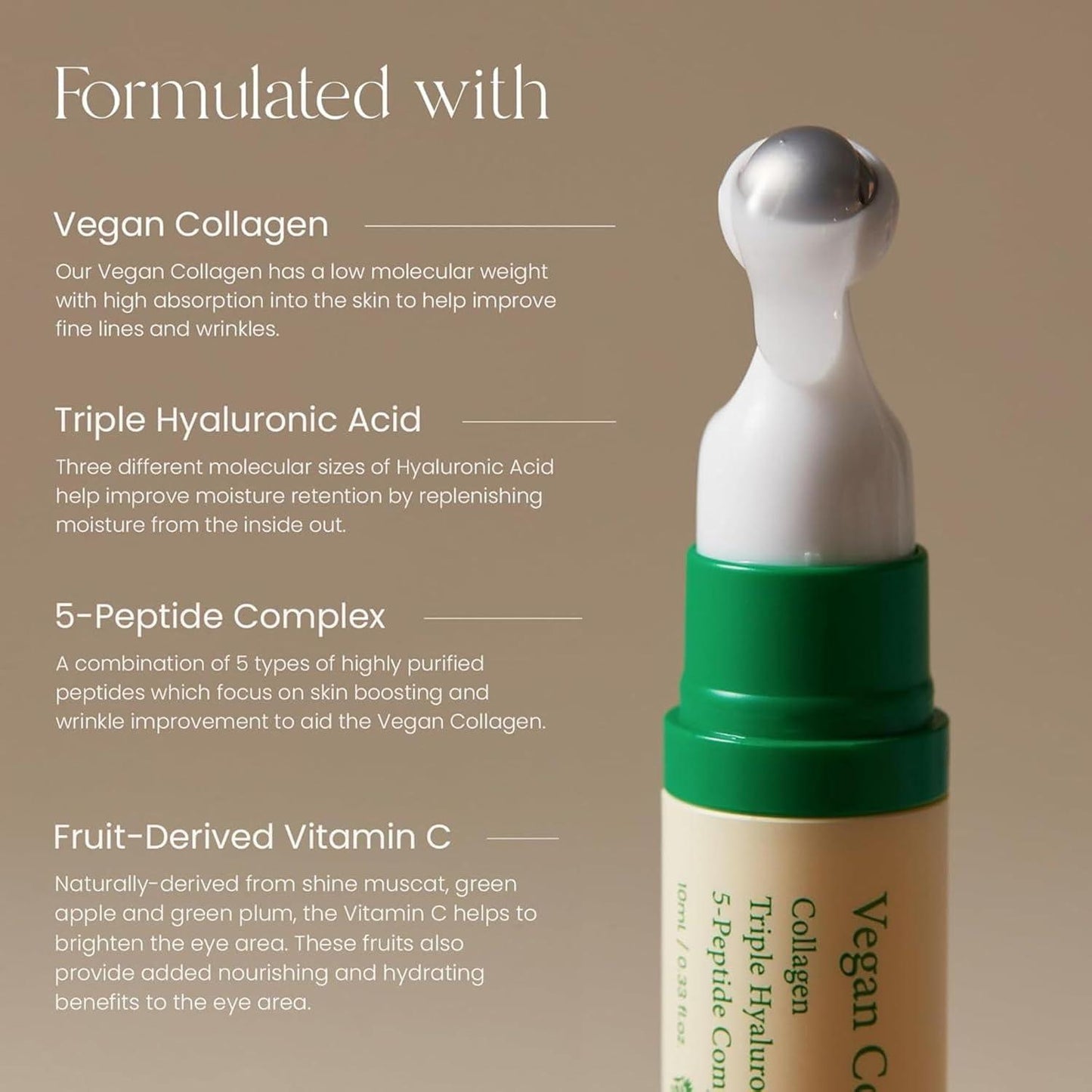 Vegan eye cream with text detailing its ingredients on a beige background