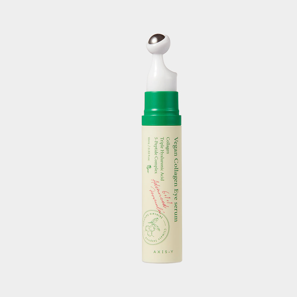 Vegan Collagen Eye Serum bottle with green cap on a white background
