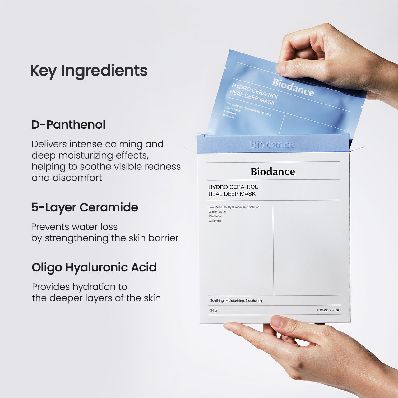 Biodance Hydro Cera-NOL Real Deep Mask with key ingredients listed on a light gray background