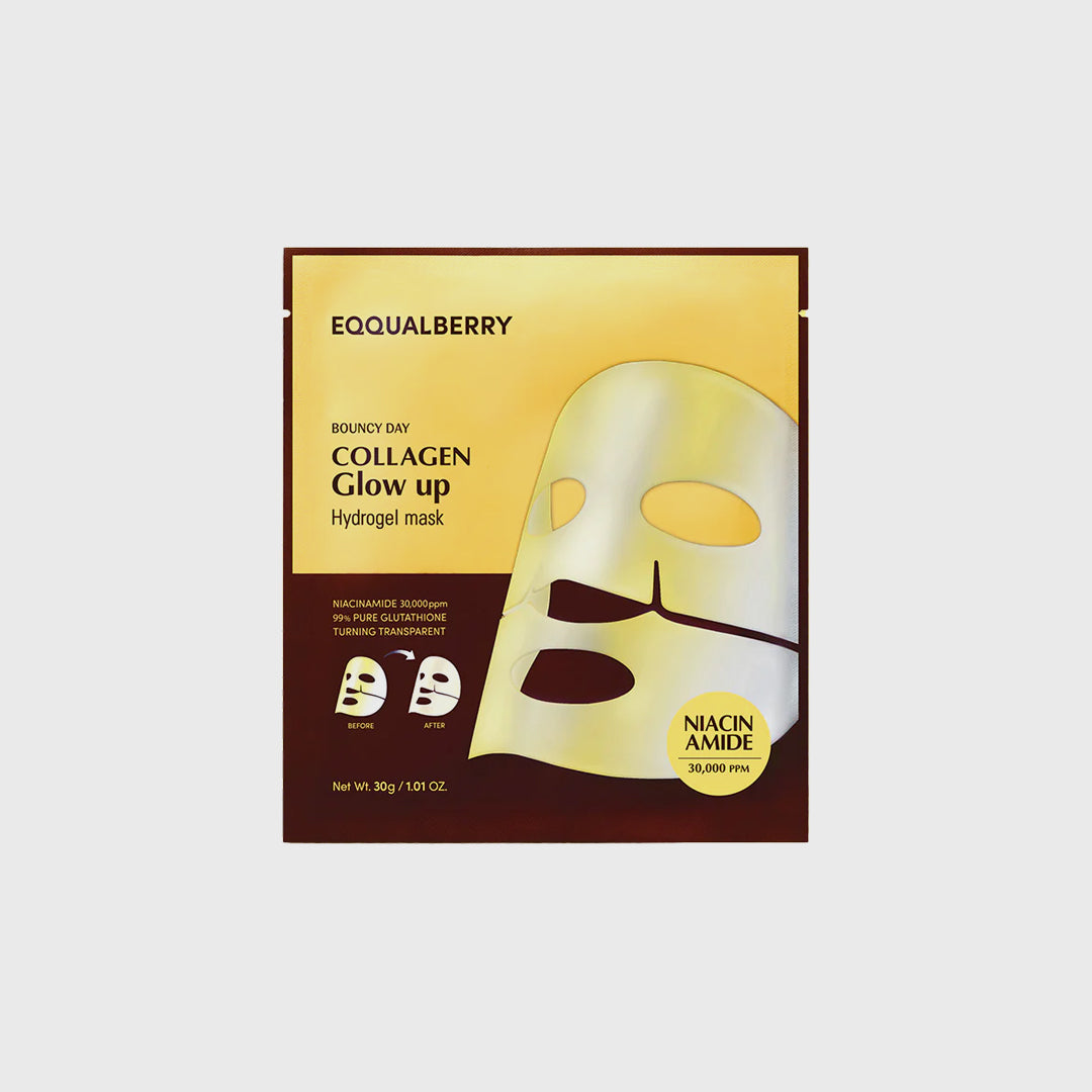 Collagen glow-up hydrogel mask packaging with gold and brown design on a white background