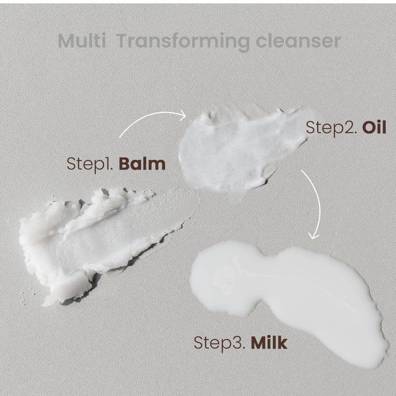 Three stages of a multi-transforming cleanser on a gray background