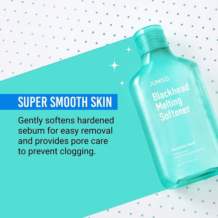 Jumiso Blackhead Melting Softener bottle on a teal background with text about skin care benefits.