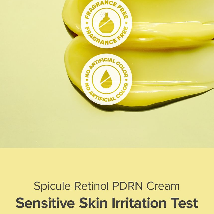 Spicule Retinol PDRN Cream with fragrance-free and color-free labels on a yellow background.