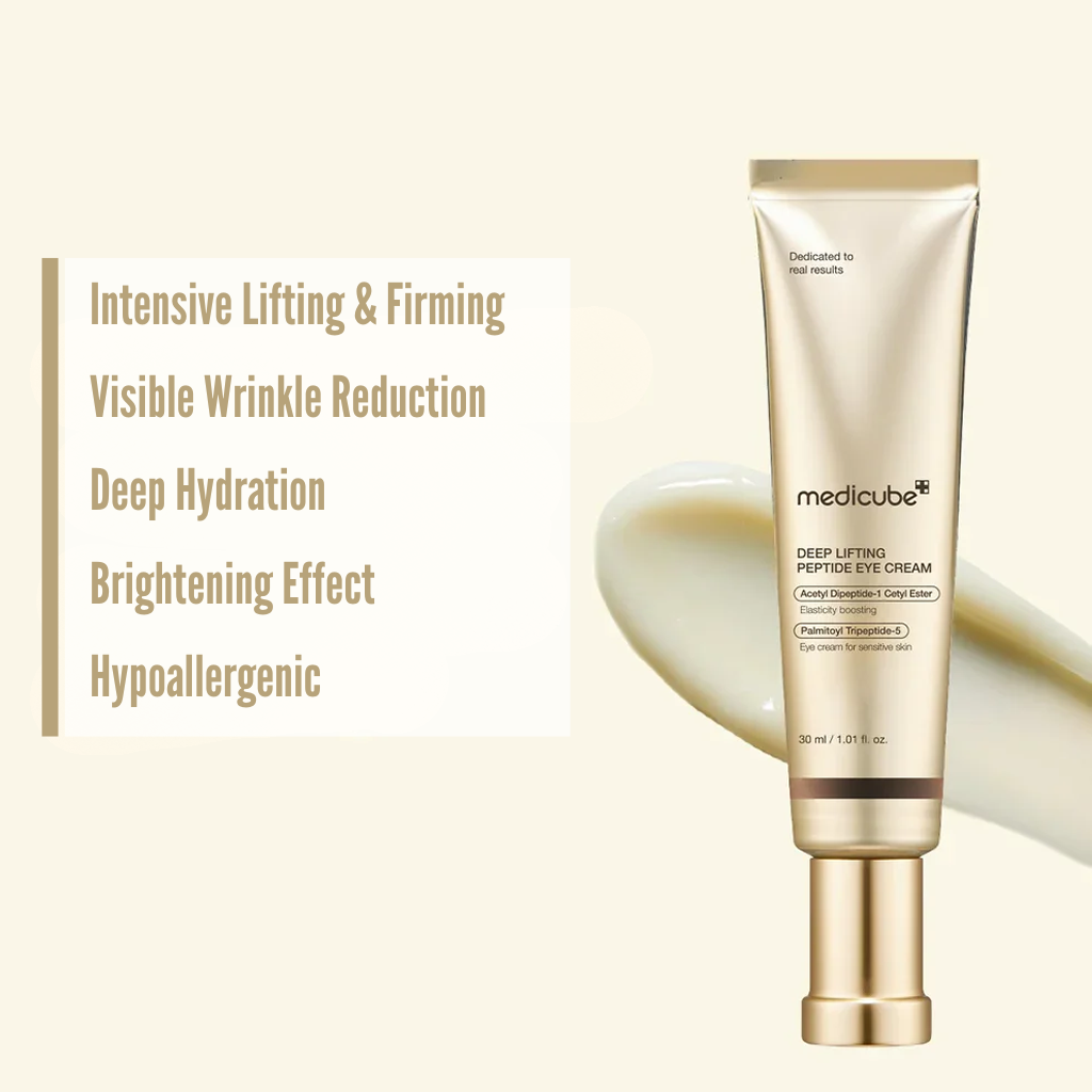Medicube deep lifting peptide eye cream with product features on a white background