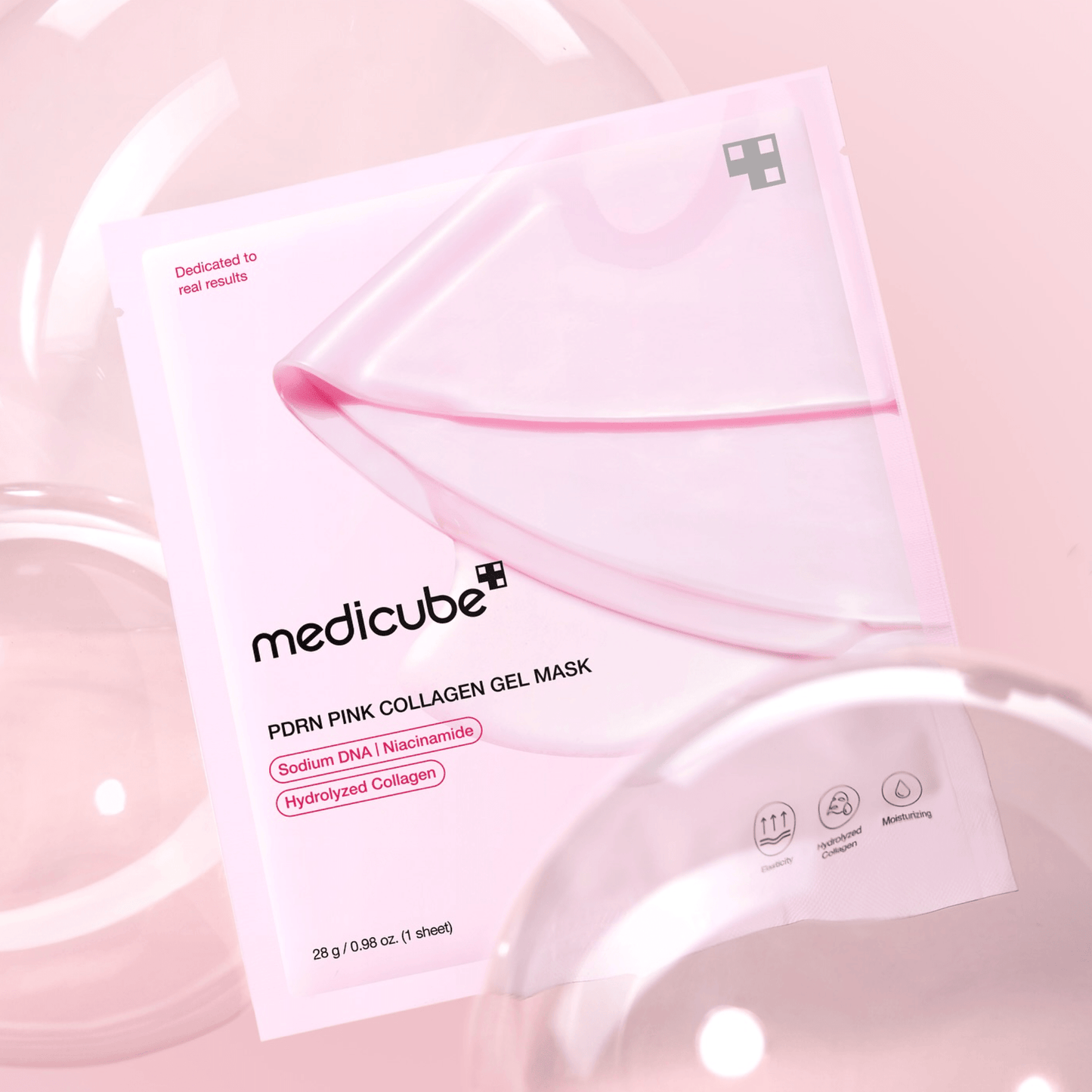 Pink collagen gel mask packaging with Medicube branding on a pink background