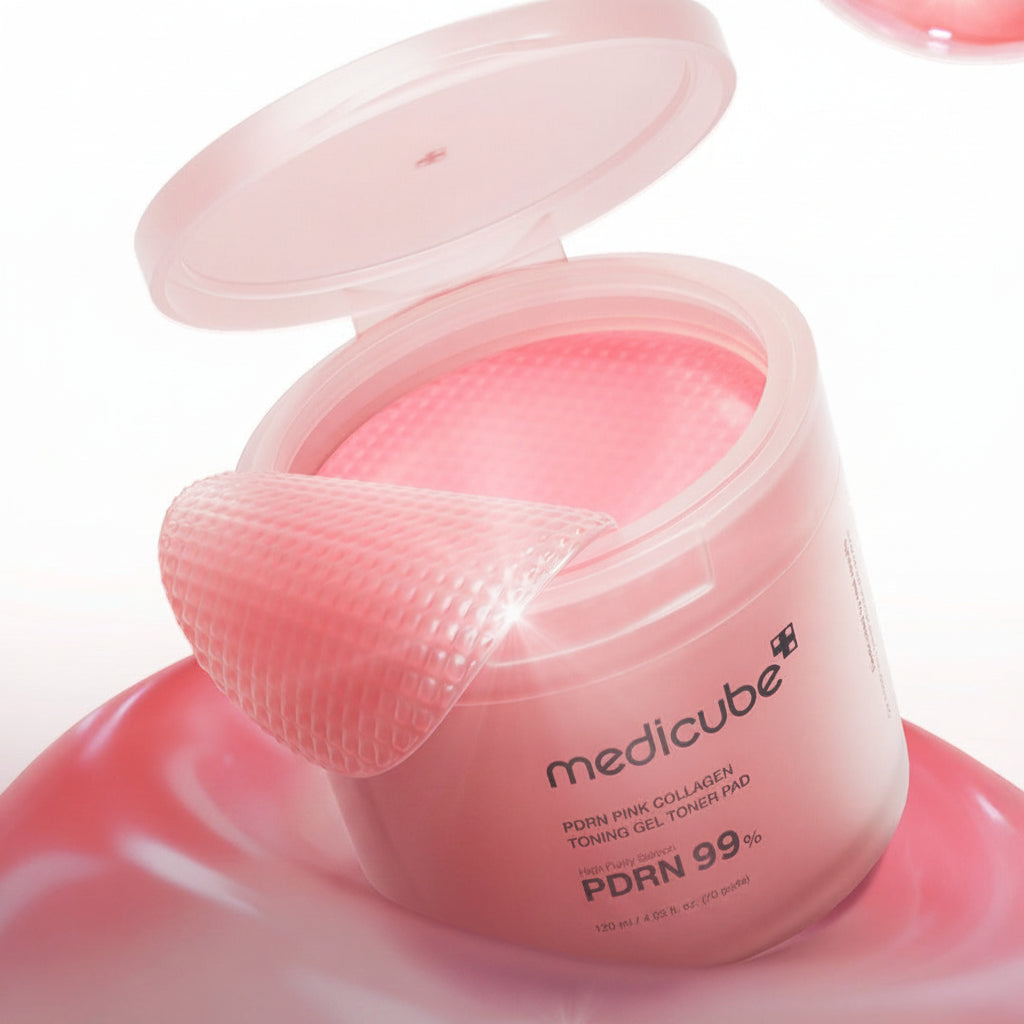 Pink collagen toning gel pad with open container on a white background
