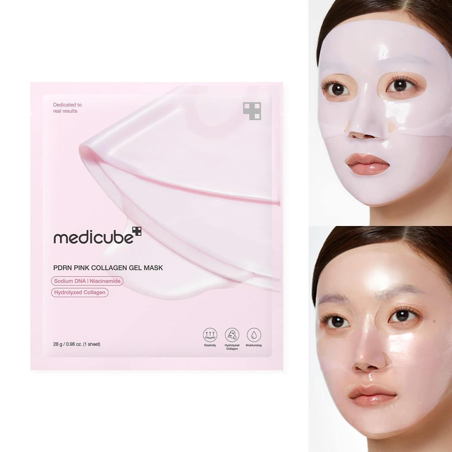 Medicube pink collagen gel mask packaging with a model wearing the mask.