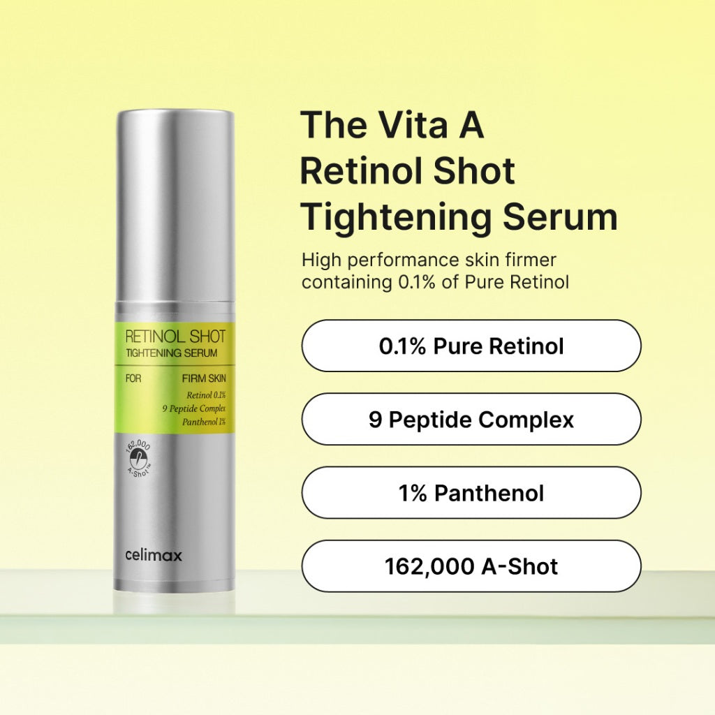 Vita A Retinol Shot Tightening Serum with product details on a light yellow background
