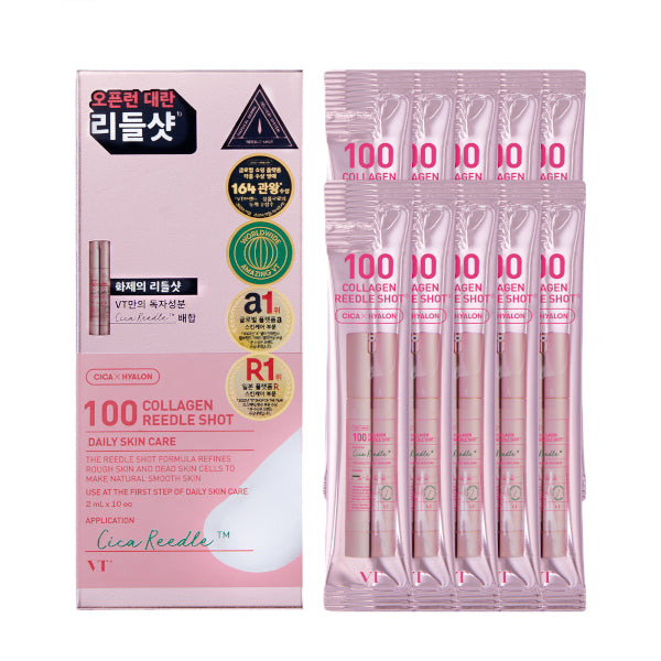 Packaging of 100 Collagen Needle Shot with pink box and multiple vials on a white background